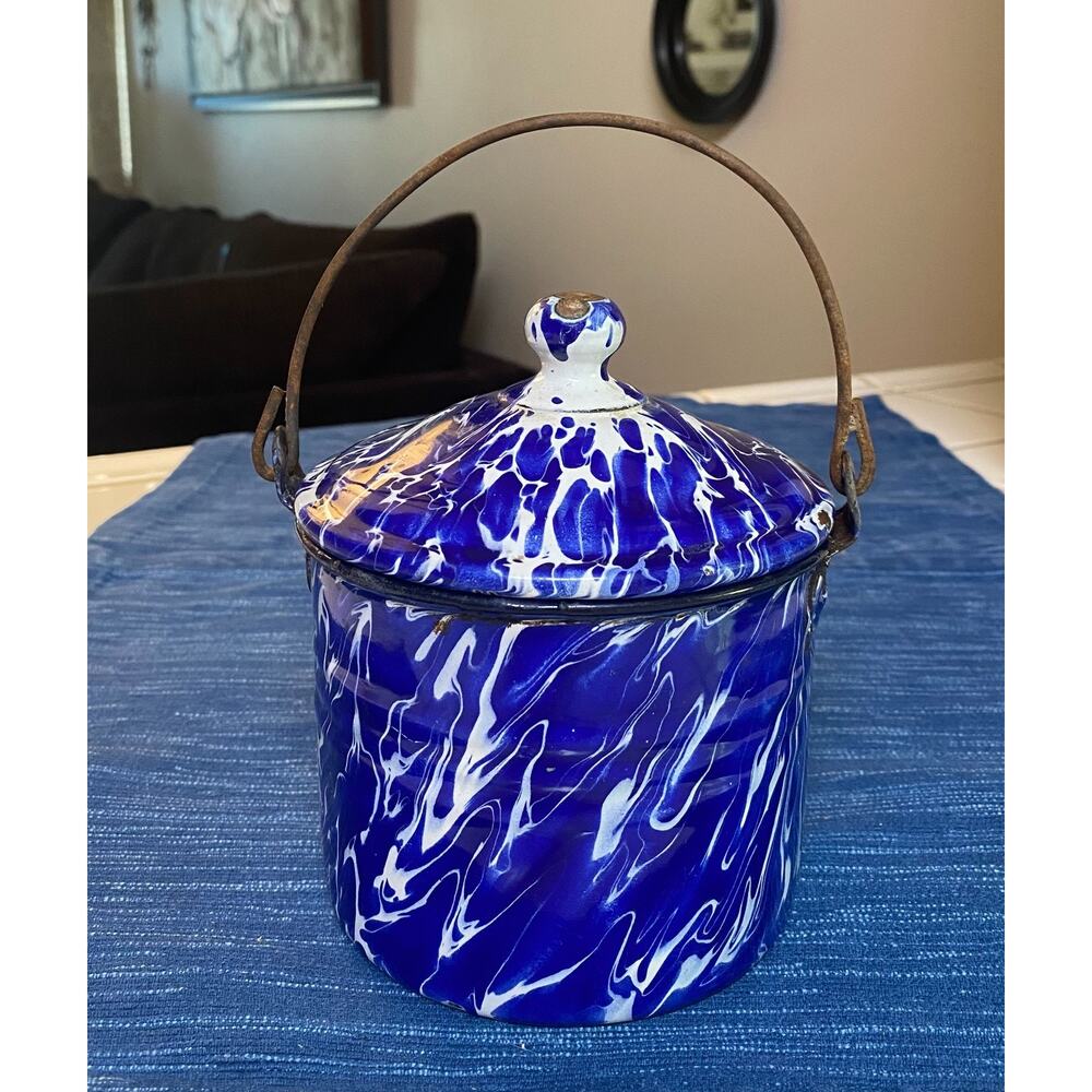 Vtg Cobalt Blue White Swirl Graniteware Enamelware Lunch Berry Pail Bucket & Lid